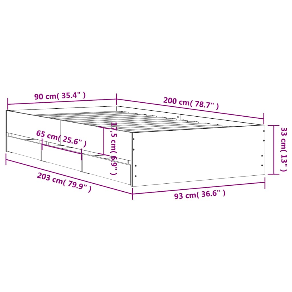 Bedframe met lades bewerkt hout sonoma eikenkleurig 90x200 cm is nu te koop bij PeponiXL, paradijselijk wonen!