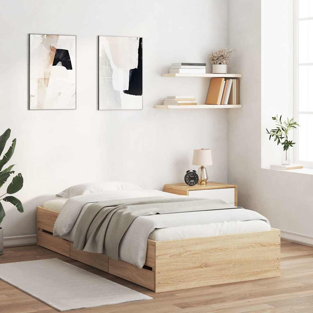 Bedframe met lades bewerkt hout sonoma eikenkleurig 90x200 cm is nu te koop bij PeponiXL, paradijselijk wonen!
