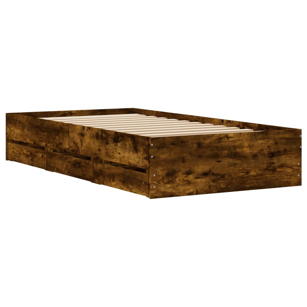 Bedframe met lades bewerkt hout gerookt eikenkleurig 90x200 cm is nu te koop bij PeponiXL, paradijselijk wonen!
