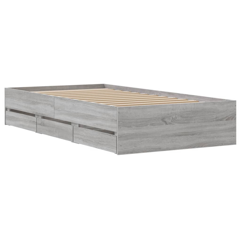 Bedframe met lades bewerkt hout grijs sonoma eiken 90x200 cm is nu te koop bij PeponiXL, paradijselijk wonen!