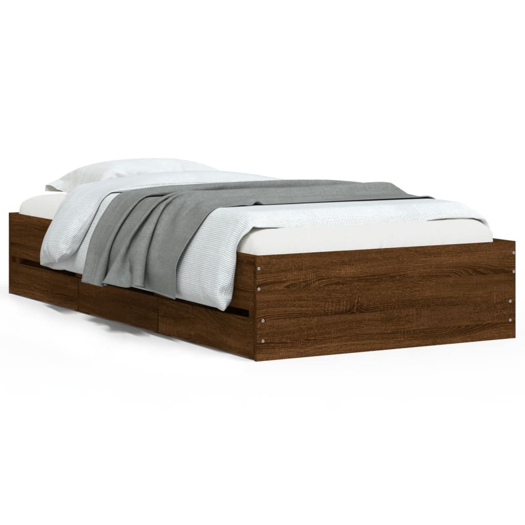 Bedframe met lades bewerkt hout bruin eikenkleur 90x200 cm is nu te koop bij PeponiXL, paradijselijk wonen!