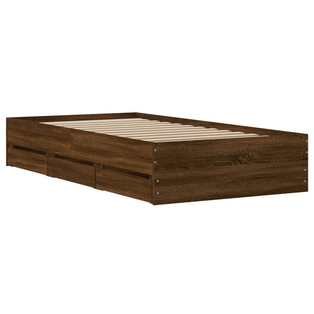Bedframe met lades bewerkt hout bruin eikenkleur 90x200 cm is nu te koop bij PeponiXL, paradijselijk wonen!