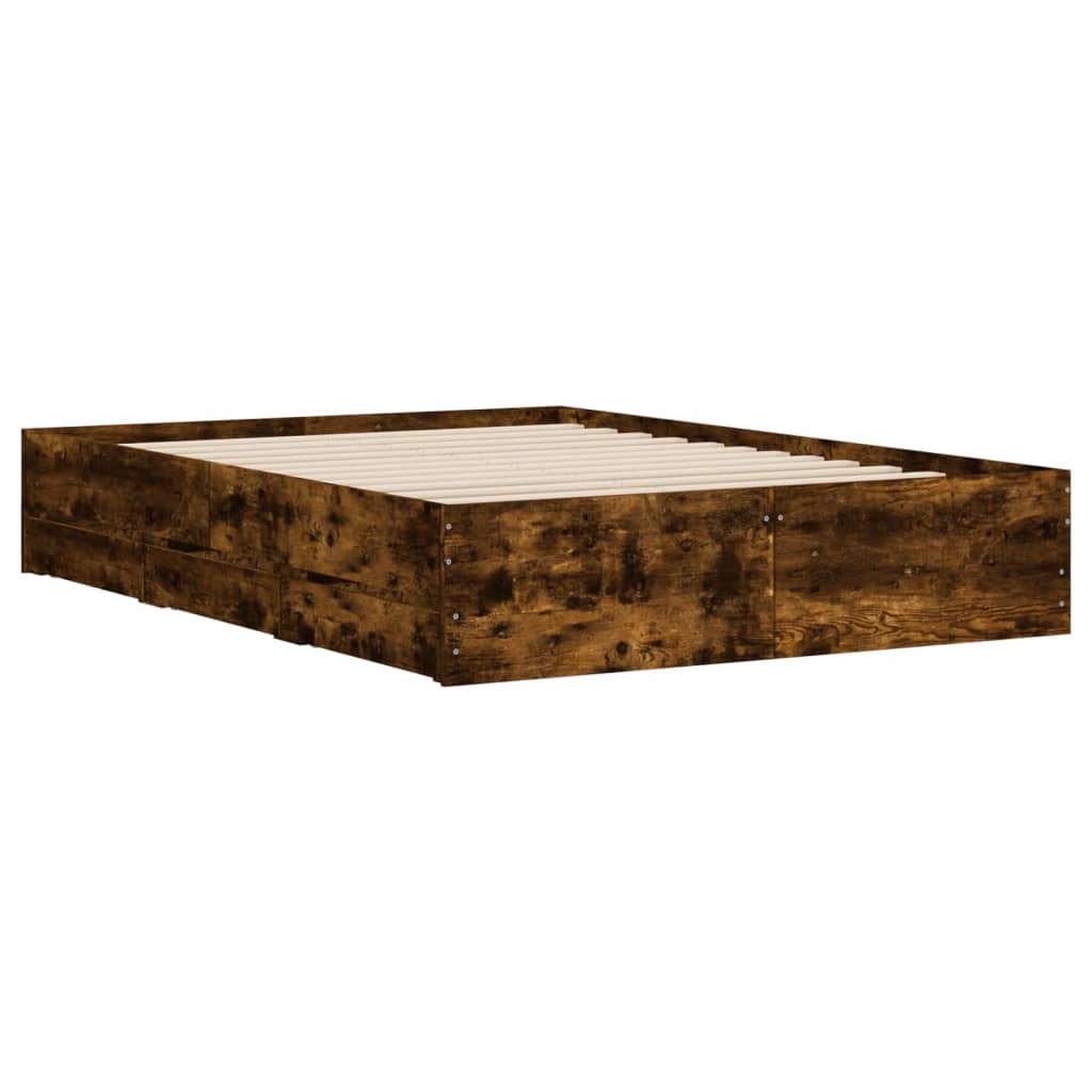 Bedframe met lades bewerkt hout gerookt eikenkleurig 135x190 cm is nu te koop bij PeponiXL, paradijselijk wonen!
