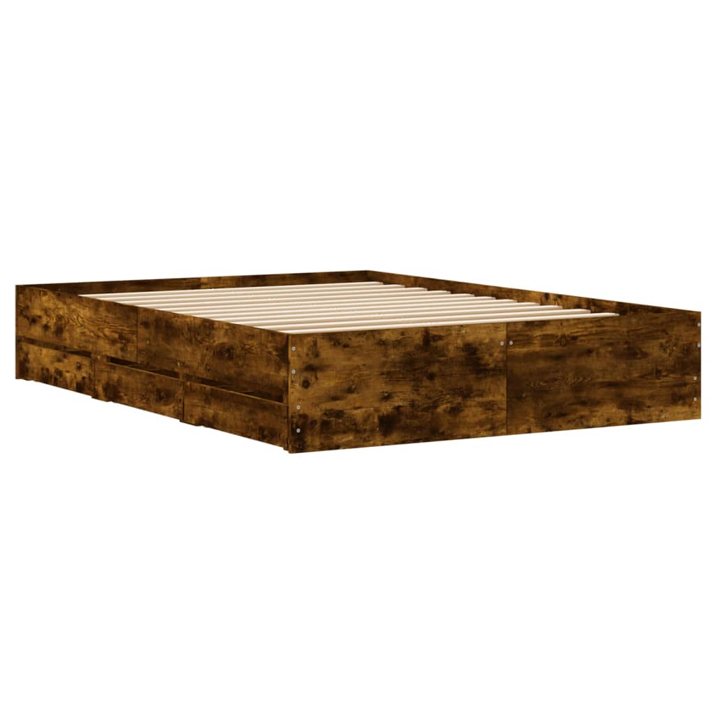 Bedframe met lades bewerkt hout gerookt eikenkleurig 135x190 cm is nu te koop bij PeponiXL, paradijselijk wonen!