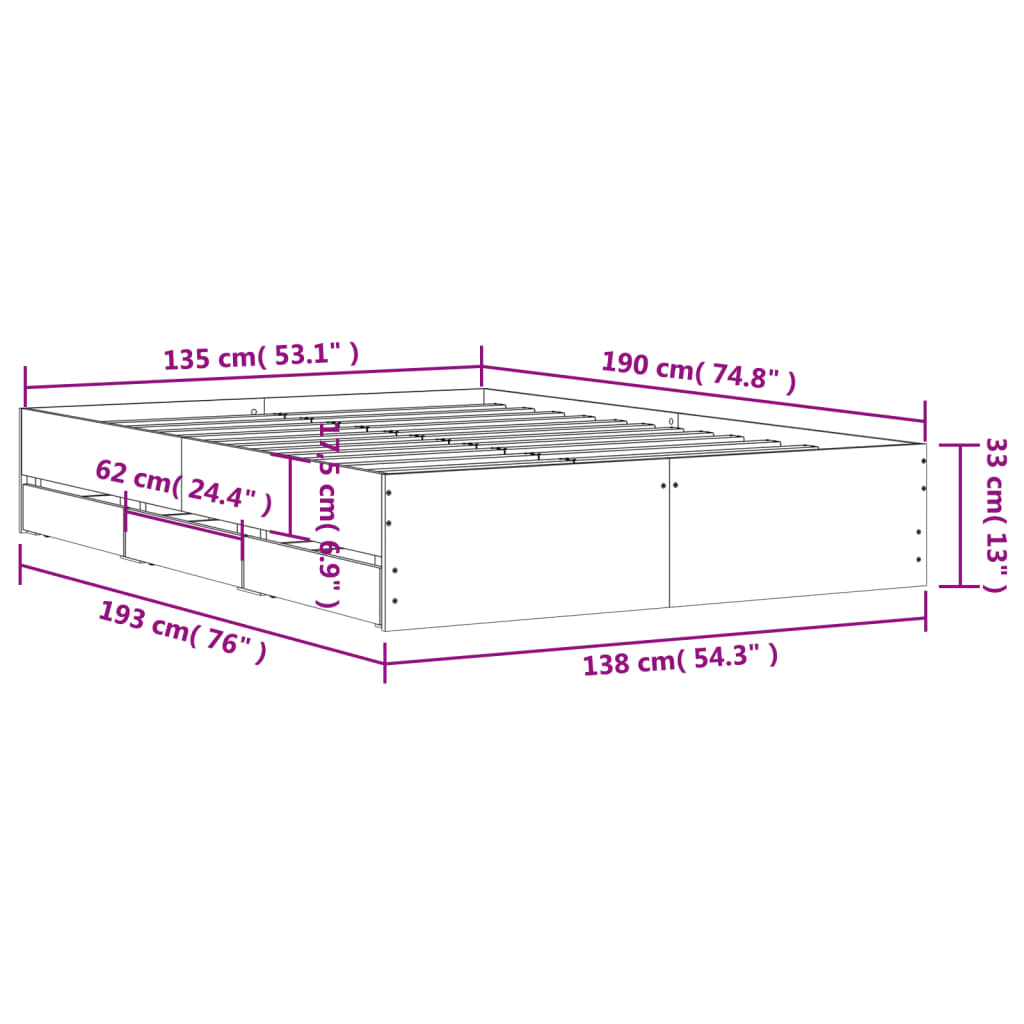 Bedframe met lades bewerkt hout gerookt eikenkleurig 135x190 cm is nu te koop bij PeponiXL, paradijselijk wonen!