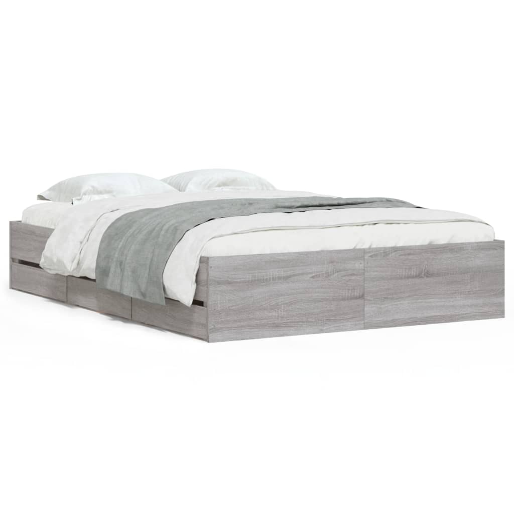 Bedframe met lades bewerkt hout grijs sonoma eiken 135x190 cm is nu te koop bij PeponiXL, paradijselijk wonen!