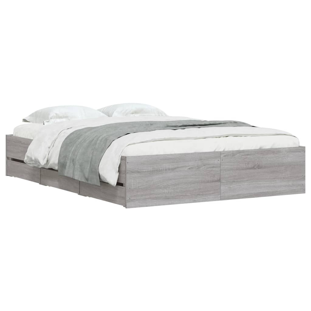 Bedframe met lades bewerkt hout grijs sonoma eiken 135x190 cm is nu te koop bij PeponiXL, paradijselijk wonen!