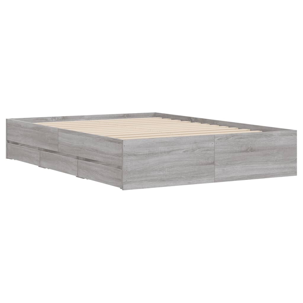 Bedframe met lades bewerkt hout grijs sonoma eiken 135x190 cm is nu te koop bij PeponiXL, paradijselijk wonen!