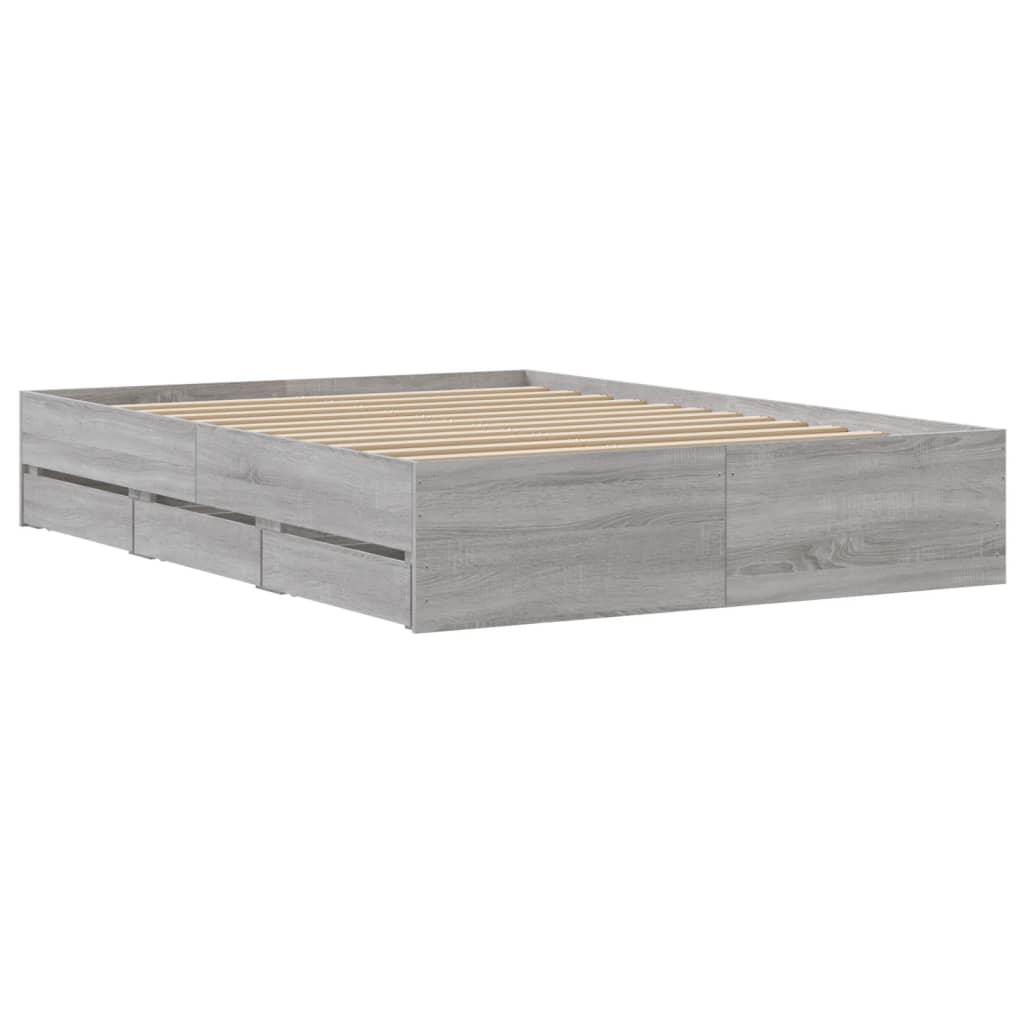 Bedframe met lades bewerkt hout grijs sonoma eiken 135x190 cm is nu te koop bij PeponiXL, paradijselijk wonen!