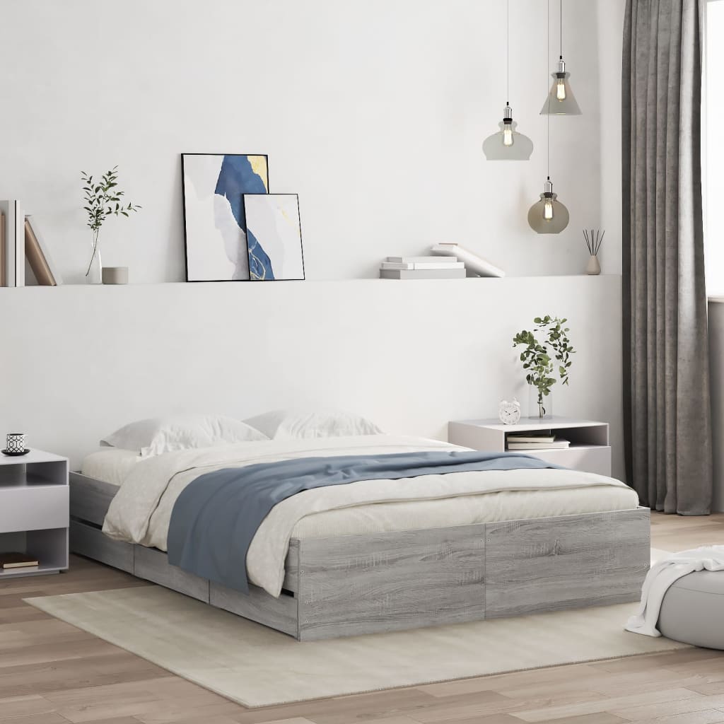 Bedframe met lades bewerkt hout grijs sonoma eiken 135x190 cm is nu te koop bij PeponiXL, paradijselijk wonen!