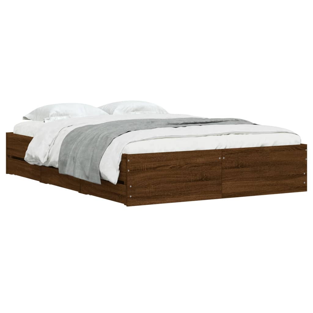 Bedframe met lades bewerkt hout bruin eikenkleur 135x190 cm is nu te koop bij PeponiXL, paradijselijk wonen!