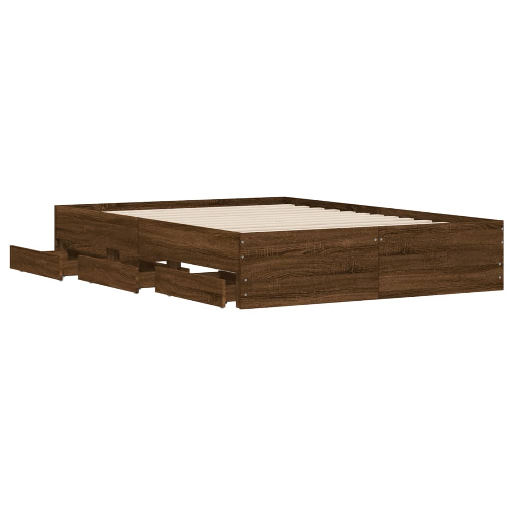 Bedframe met lades bewerkt hout bruin eikenkleur 135x190 cm is nu te koop bij PeponiXL, paradijselijk wonen!