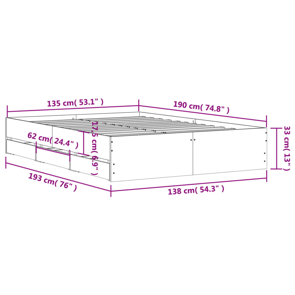 Bedframe met lades bewerkt hout bruin eikenkleur 135x190 cm is nu te koop bij PeponiXL, paradijselijk wonen!