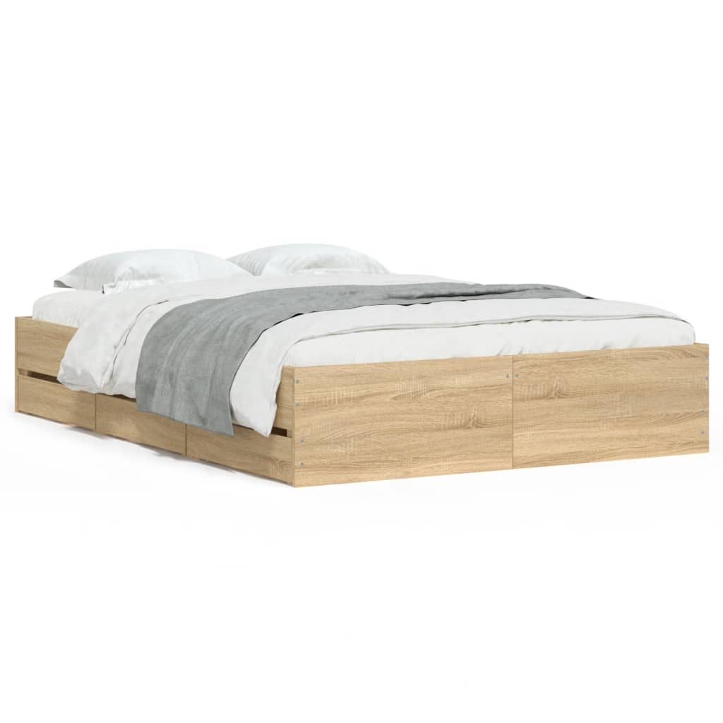 Bedframe met lades bewerkt hout sonoma eikenkleurig 120x190 cm is nu te koop bij PeponiXL, paradijselijk wonen!