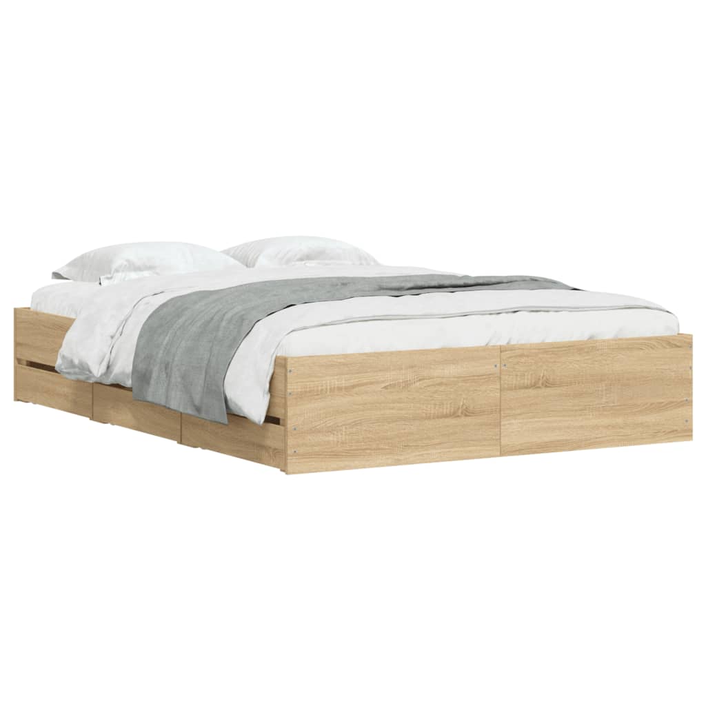 Bedframe met lades bewerkt hout sonoma eikenkleurig 120x190 cm is nu te koop bij PeponiXL, paradijselijk wonen!