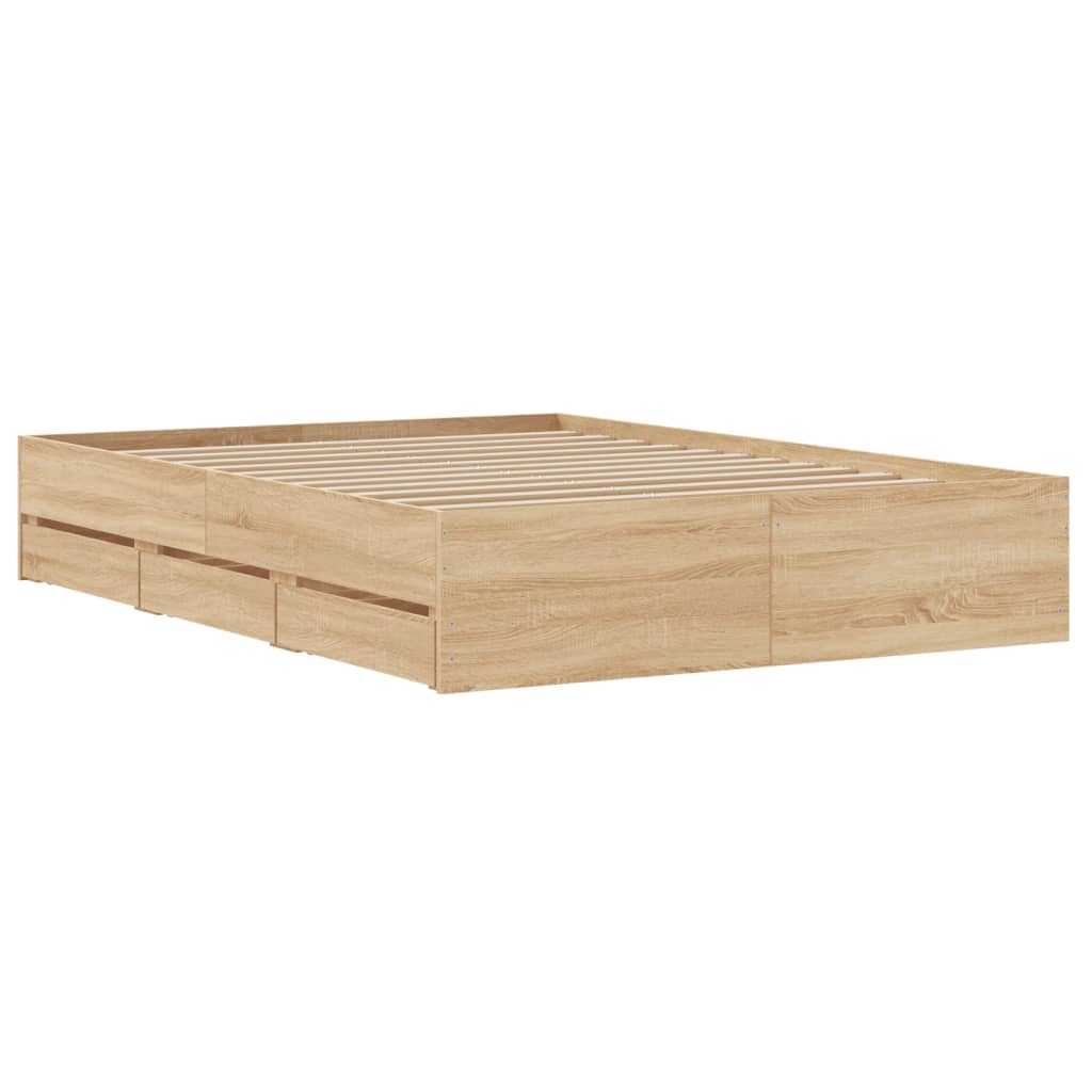 Bedframe met lades bewerkt hout sonoma eikenkleurig 120x190 cm is nu te koop bij PeponiXL, paradijselijk wonen!