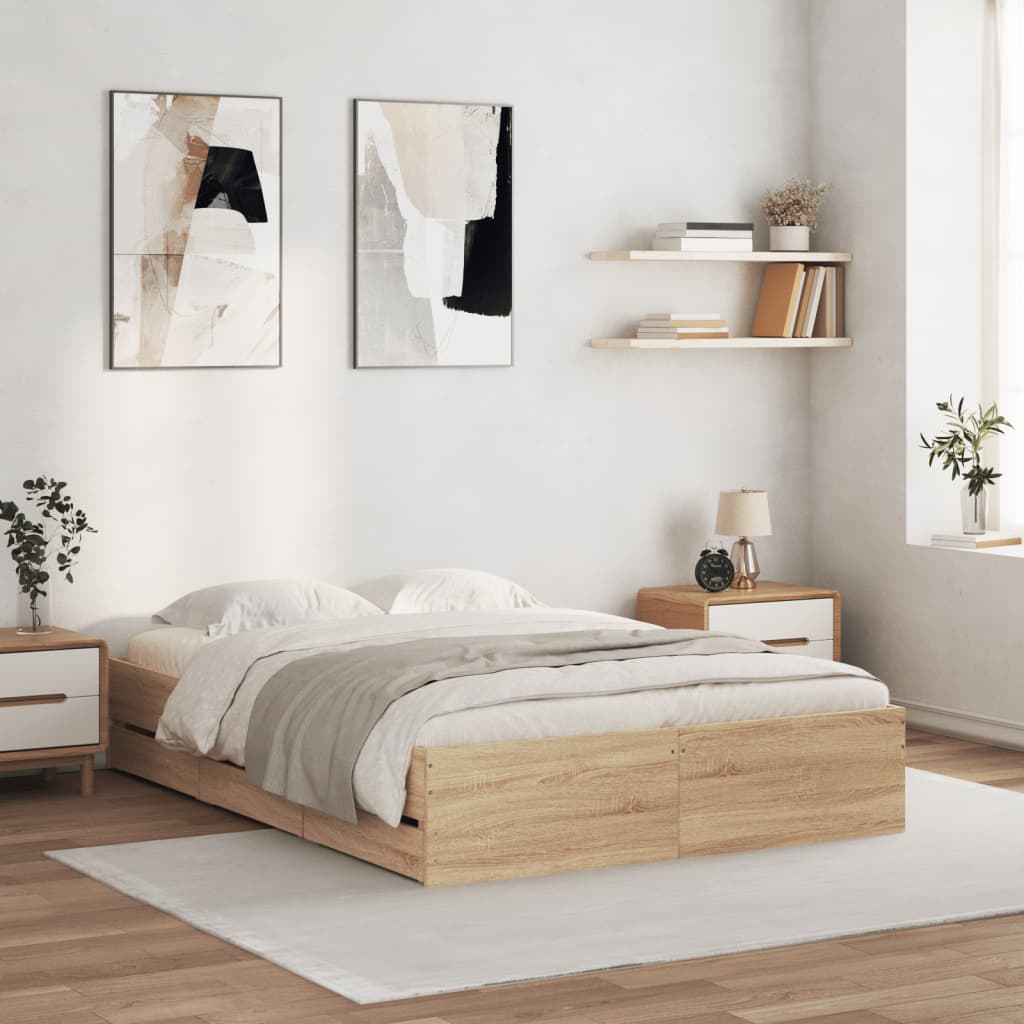 Bedframe met lades bewerkt hout sonoma eikenkleurig 120x190 cm is nu te koop bij PeponiXL, paradijselijk wonen!