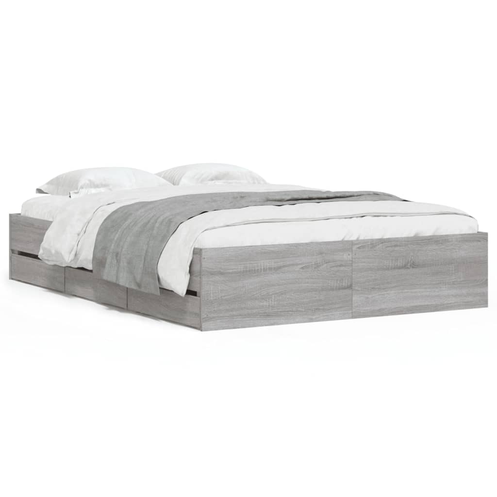 Bedframe met lades bewerkt hout grijs sonoma eiken 120x190 cm is nu te koop bij PeponiXL, paradijselijk wonen!