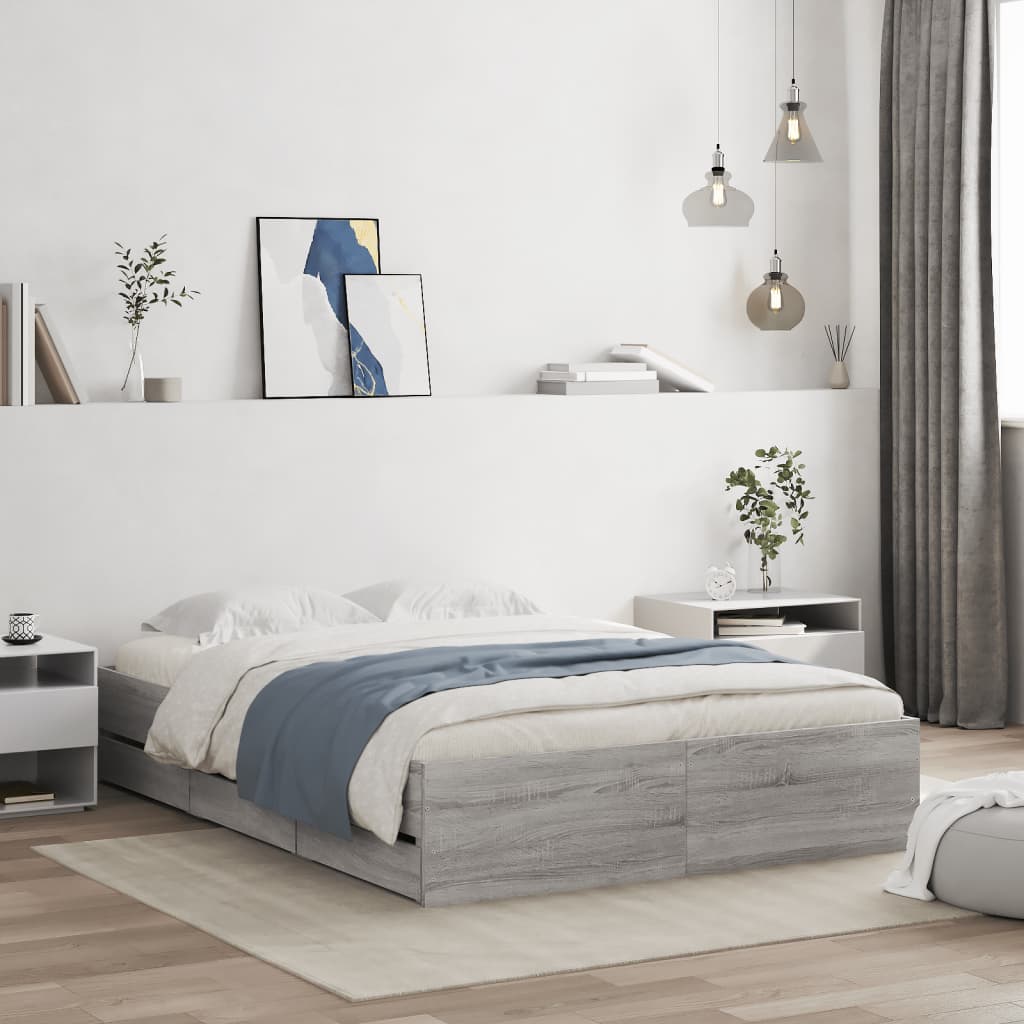 Bedframe met lades bewerkt hout grijs sonoma eiken 120x190 cm is nu te koop bij PeponiXL, paradijselijk wonen!