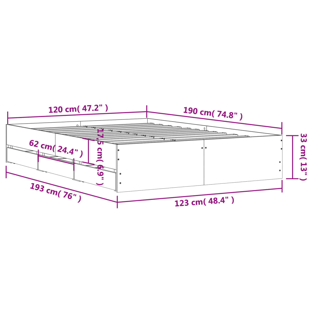 Bedframe met lades bewerkt hout bruin eikenkleur 120x190 cm is nu te koop bij PeponiXL, paradijselijk wonen!