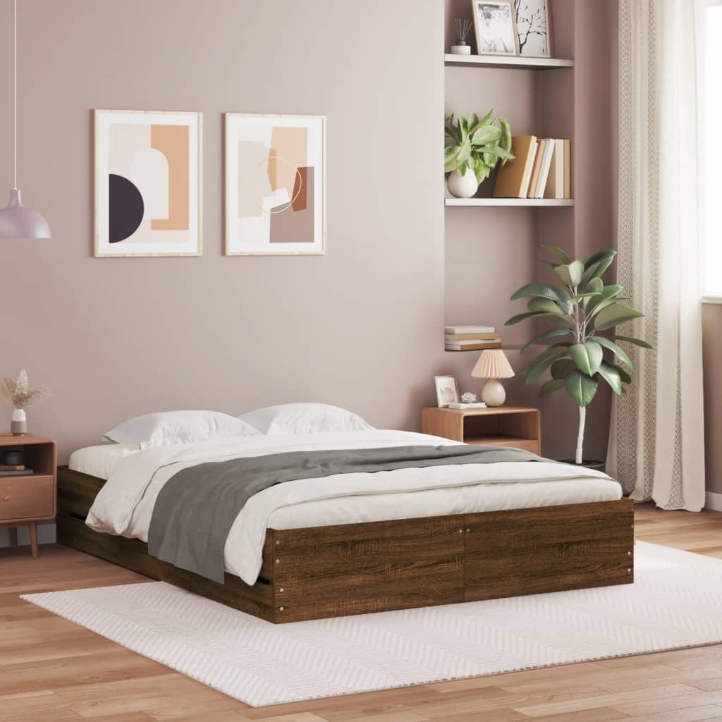 Bedframe met lades bewerkt hout bruin eikenkleur 120x190 cm is nu te koop bij PeponiXL, paradijselijk wonen!