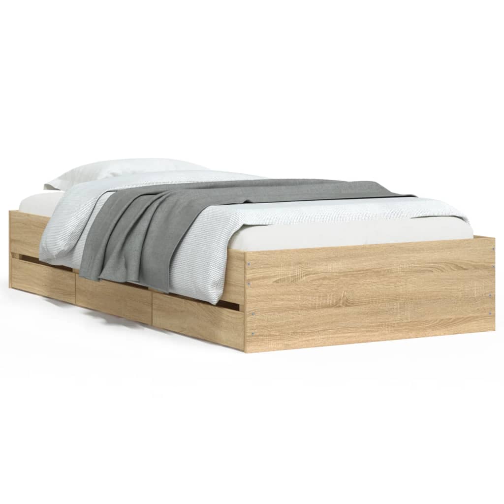 Bedframe met lades bewerkt hout sonoma eikenkleurig 90x190 cm is nu te koop bij PeponiXL, paradijselijk wonen!