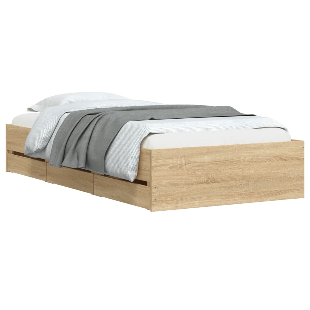 Bedframe met lades bewerkt hout sonoma eikenkleurig 90x190 cm is nu te koop bij PeponiXL, paradijselijk wonen!