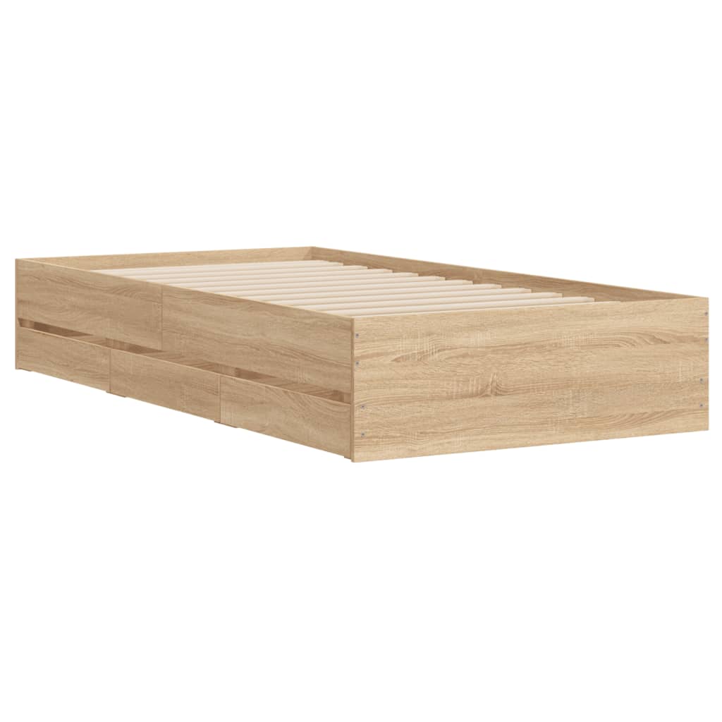 Bedframe met lades bewerkt hout sonoma eikenkleurig 90x190 cm is nu te koop bij PeponiXL, paradijselijk wonen!