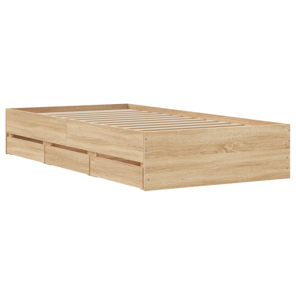Bedframe met lades bewerkt hout sonoma eikenkleurig 90x190 cm is nu te koop bij PeponiXL, paradijselijk wonen!
