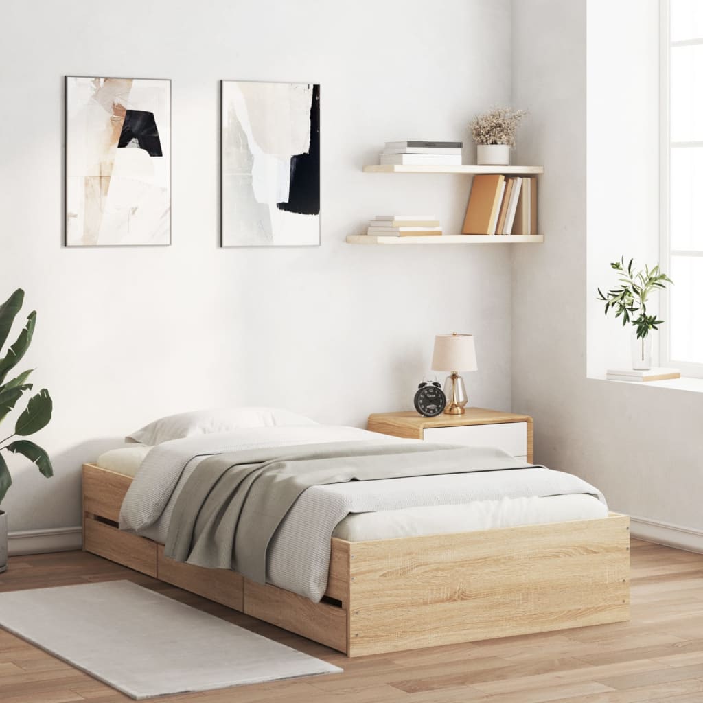 Bedframe met lades bewerkt hout sonoma eikenkleurig 90x190 cm is nu te koop bij PeponiXL, paradijselijk wonen!