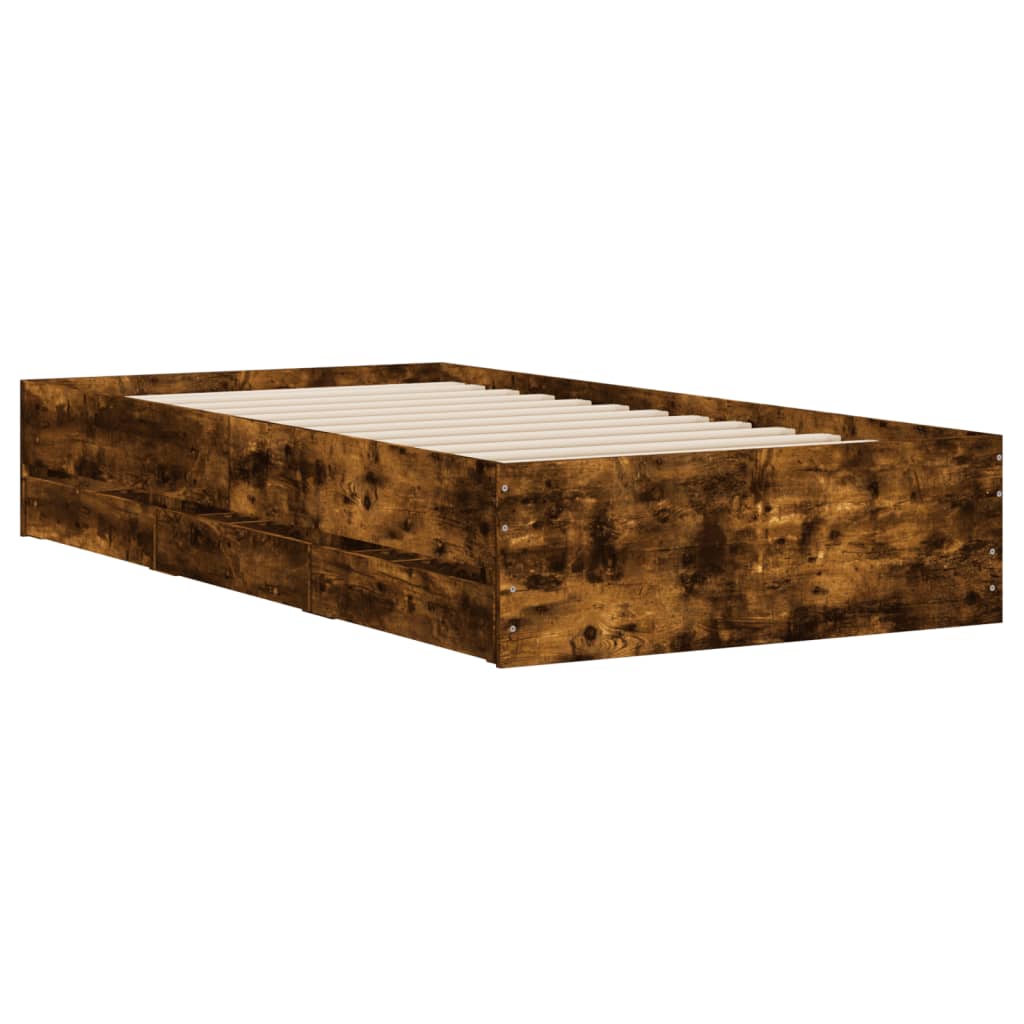 Bedframe met lades bewerkt hout gerookt eikenkleurig 90x190 cm is nu te koop bij PeponiXL, paradijselijk wonen!