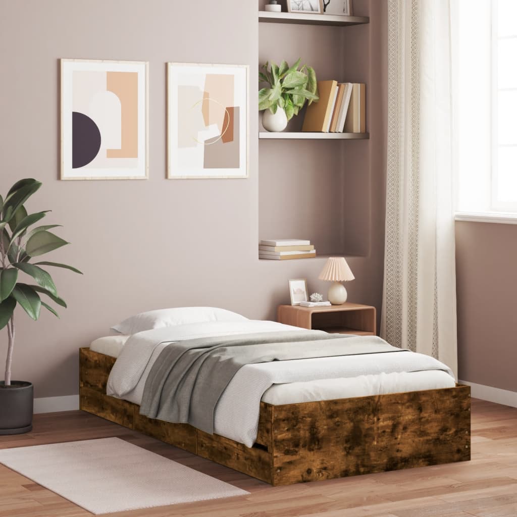 Bedframe met lades bewerkt hout gerookt eikenkleurig 90x190 cm is nu te koop bij PeponiXL, paradijselijk wonen!
