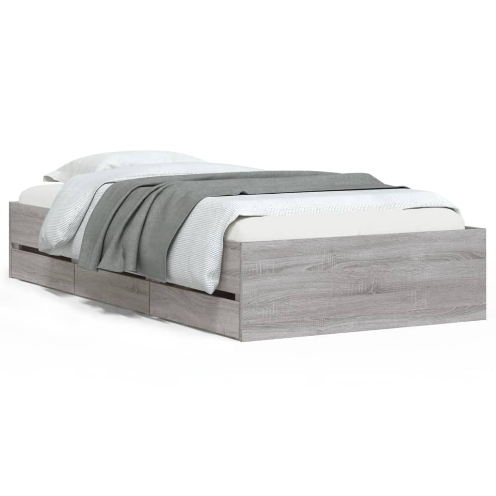 Bedframe met lades bewerkt hout grijs sonoma eiken 90x190 cm is nu te koop bij PeponiXL, paradijselijk wonen!