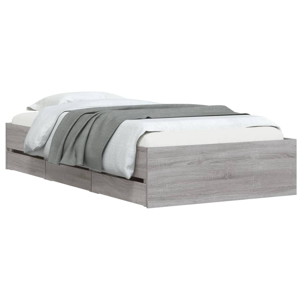 Bedframe met lades bewerkt hout grijs sonoma eiken 90x190 cm is nu te koop bij PeponiXL, paradijselijk wonen!