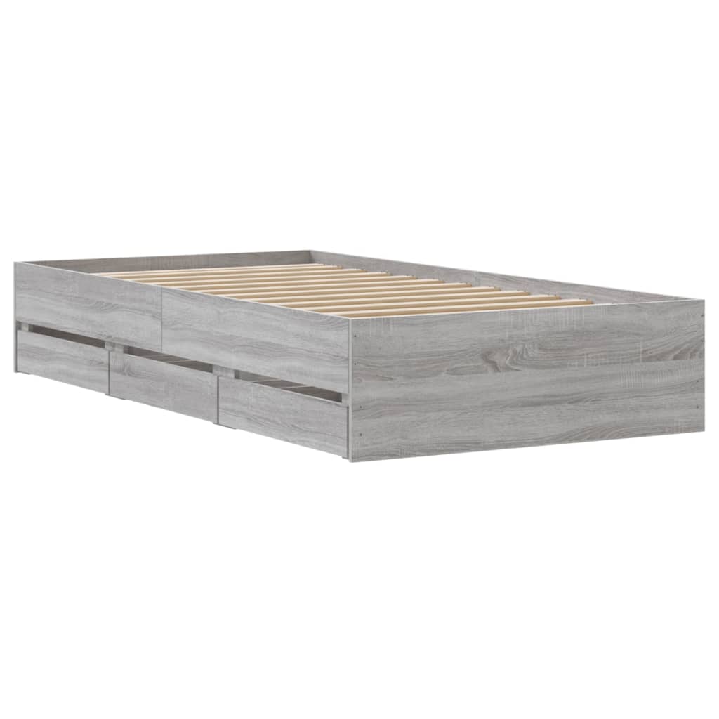 Bedframe met lades bewerkt hout grijs sonoma eiken 90x190 cm is nu te koop bij PeponiXL, paradijselijk wonen!