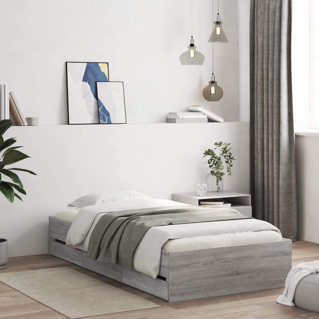 Bedframe met lades bewerkt hout grijs sonoma eiken 90x190 cm is nu te koop bij PeponiXL, paradijselijk wonen!