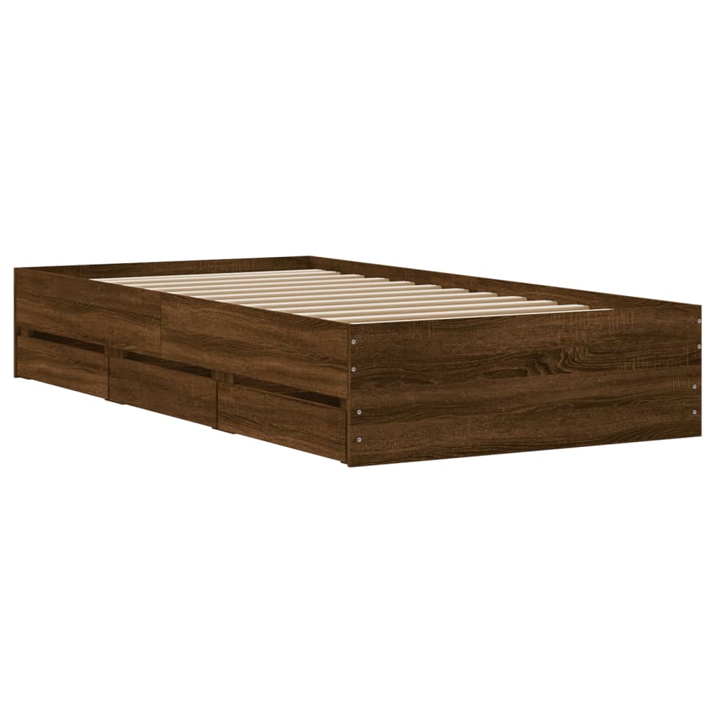 Bedframe met lades bewerkt hout bruin eikenkleur 90x190 cm is nu te koop bij PeponiXL, paradijselijk wonen!