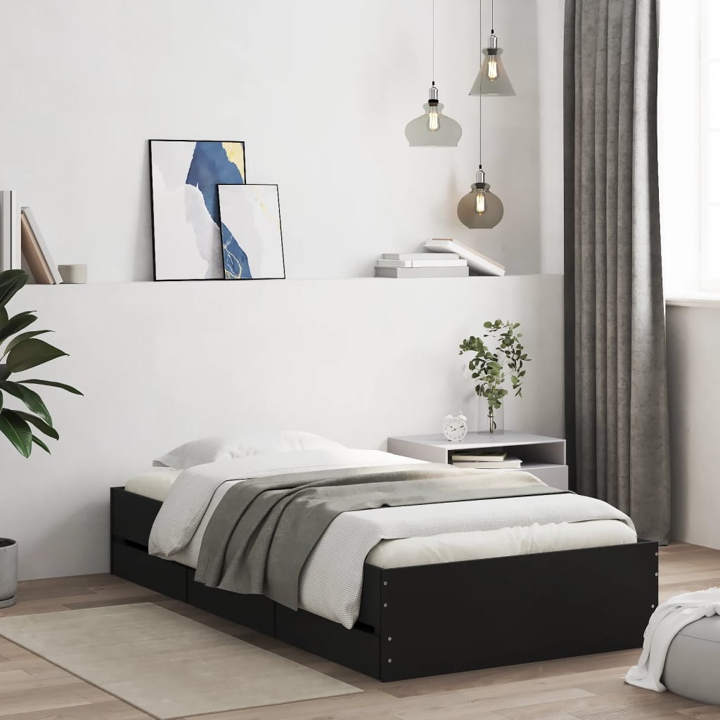 Bedframe met lades bewerkt hout zwart 75x190 cm is nu te koop bij PeponiXL, paradijselijk wonen!
