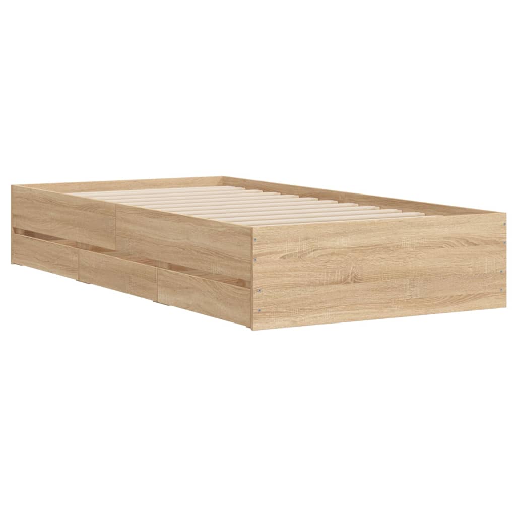Bedframe met lades bewerkt hout sonoma eikenkleurig 75x190 cm is nu te koop bij PeponiXL, paradijselijk wonen!
