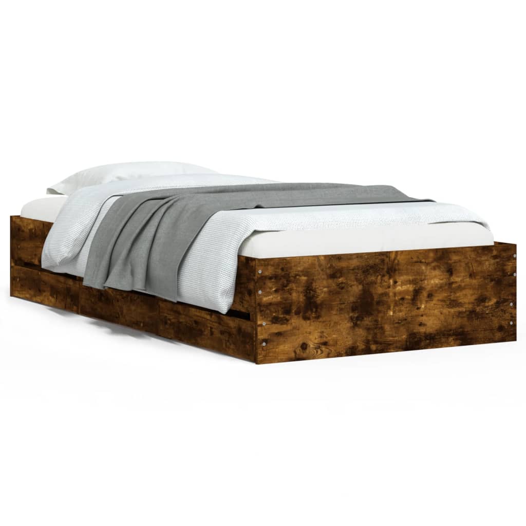 Bedframe met lades bewerkt hout gerookt eikenkleurig 75x190 cm is nu te koop bij PeponiXL, paradijselijk wonen!