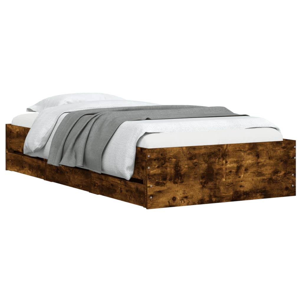 Bedframe met lades bewerkt hout gerookt eikenkleurig 75x190 cm is nu te koop bij PeponiXL, paradijselijk wonen!