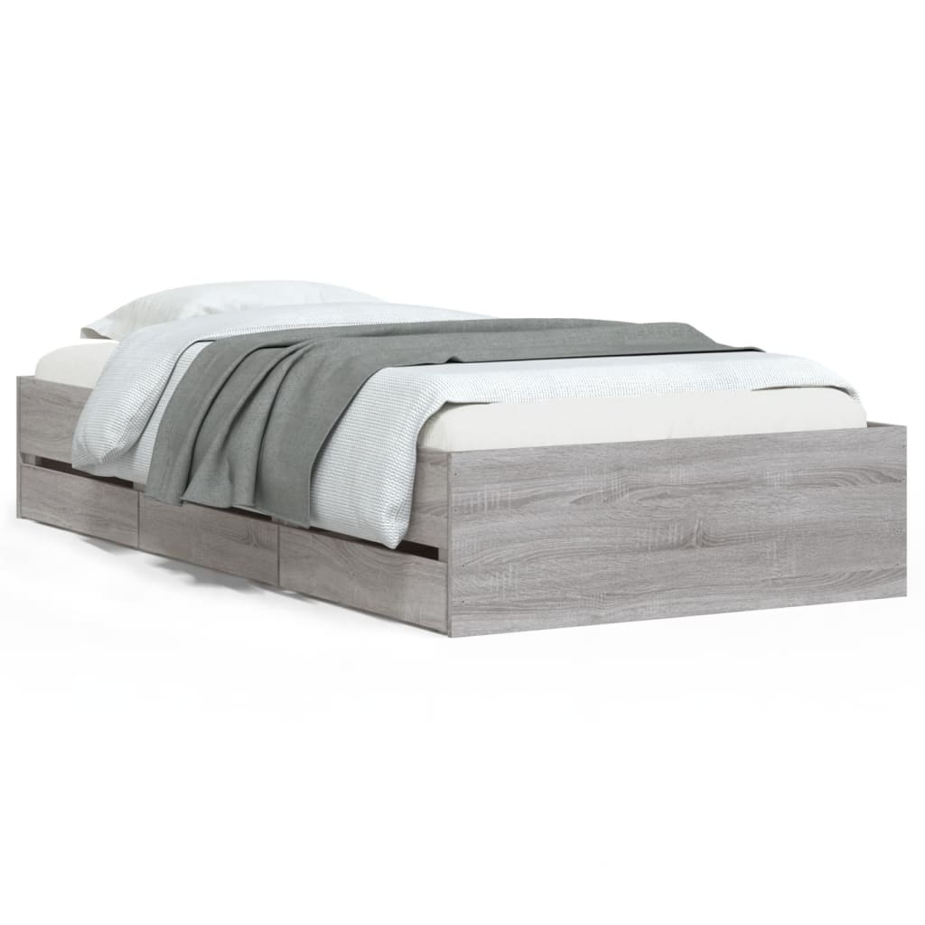 Bedframe met lades bewerkt hout grijs sonoma eiken 75x190 cm is nu te koop bij PeponiXL, paradijselijk wonen!