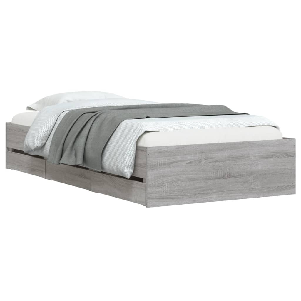 Bedframe met lades bewerkt hout grijs sonoma eiken 75x190 cm is nu te koop bij PeponiXL, paradijselijk wonen!