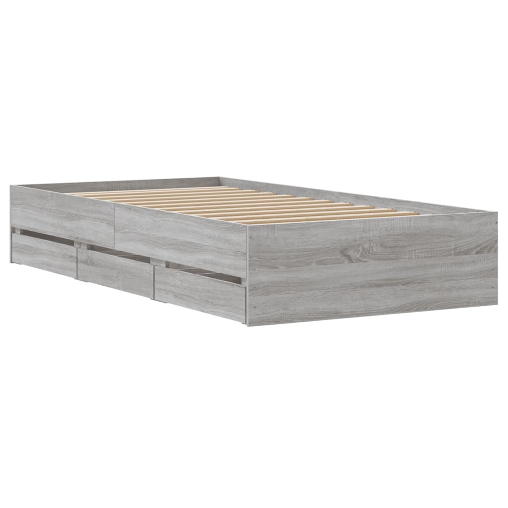 Bedframe met lades bewerkt hout grijs sonoma eiken 75x190 cm is nu te koop bij PeponiXL, paradijselijk wonen!