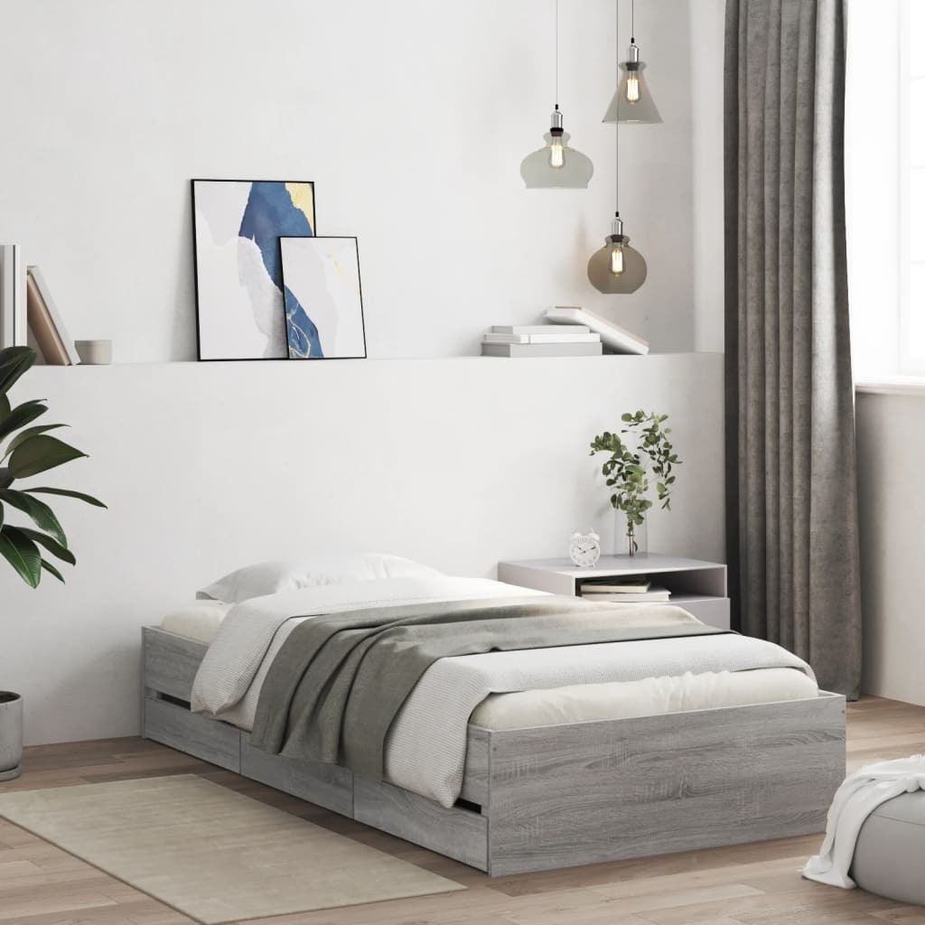 Bedframe met lades bewerkt hout grijs sonoma eiken 75x190 cm is nu te koop bij PeponiXL, paradijselijk wonen!