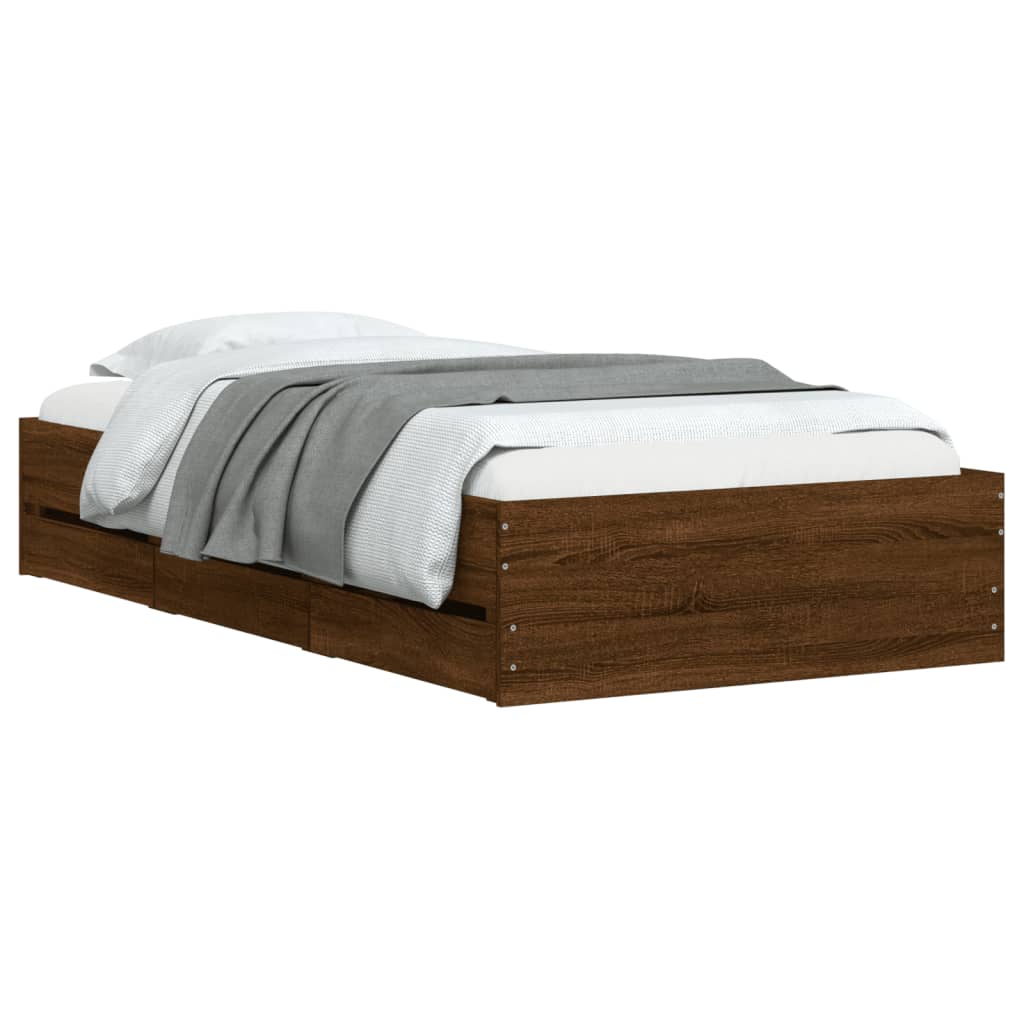 Bedframe met lades bewerkt hout bruin eikenkleur 75x190 cm is nu te koop bij PeponiXL, paradijselijk wonen!