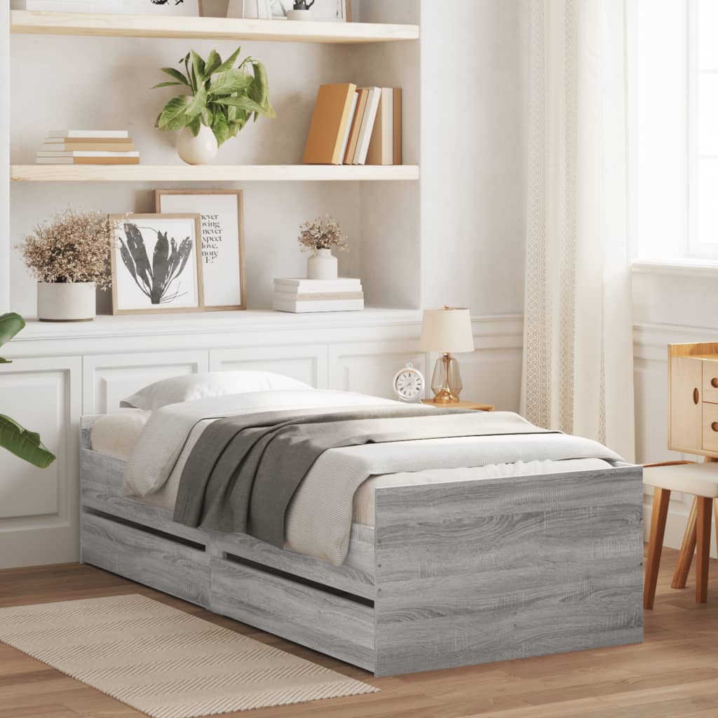 Bedframe met lades grijs sonoma eikenkleurig 100x200 cm is nu te koop bij PeponiXL, paradijselijk wonen!