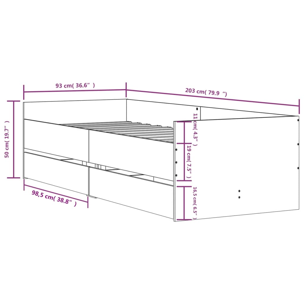 Bedframe met lades gerookt eikenkleurig 90x200 cm is nu te koop bij PeponiXL, paradijselijk wonen!