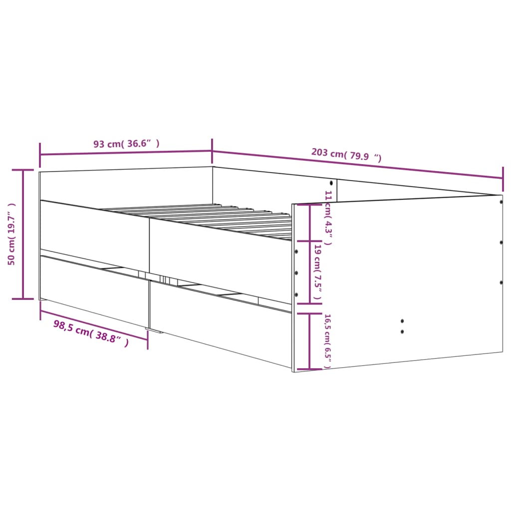 Bedframe met lades grijs sonoma eikenkleurig 90x200 cm is nu te koop bij PeponiXL, paradijselijk wonen!