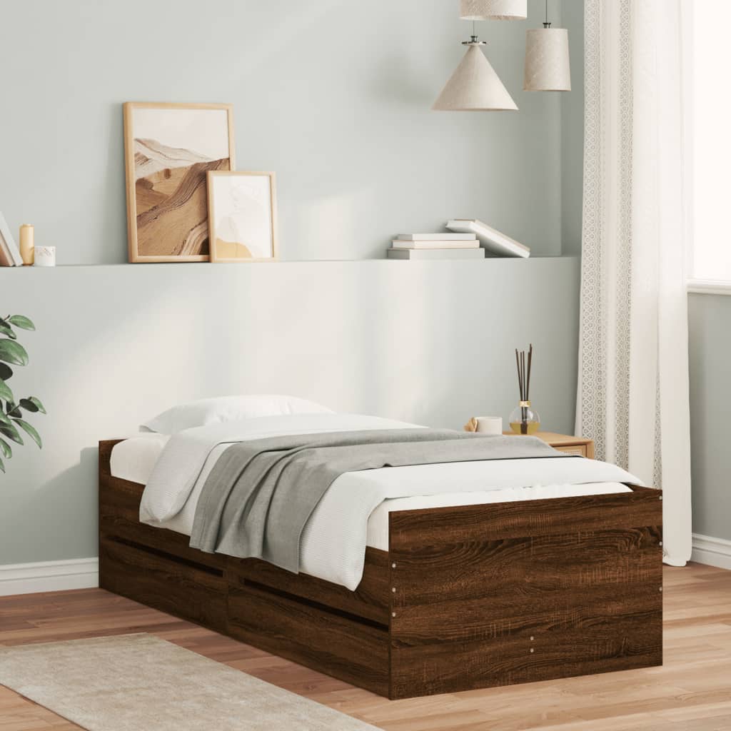 Bedframe met lades bruin eikenkleur 90x190 cm is nu te koop bij PeponiXL, paradijselijk wonen!